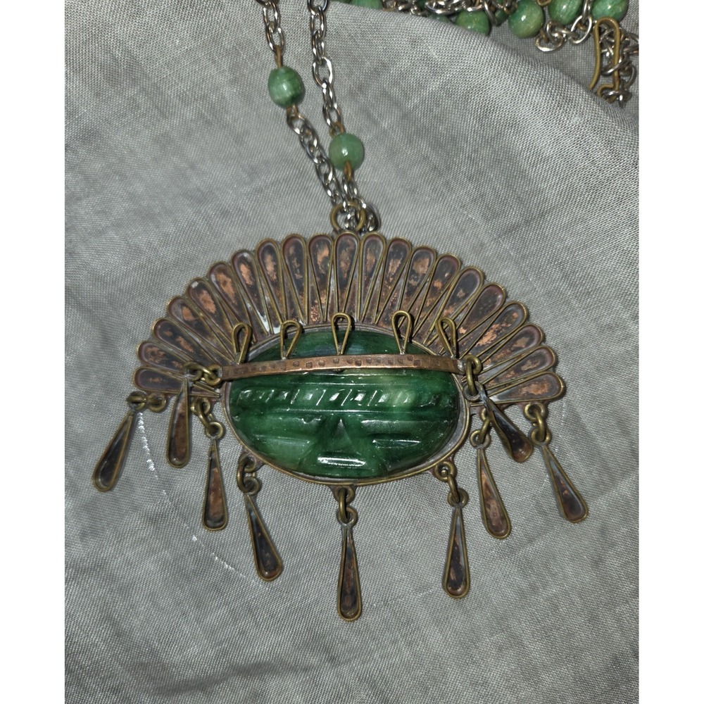 Mexican Aztec Vintage Carved Jade Tribal Mask Copper  Necklace Headress Swivels